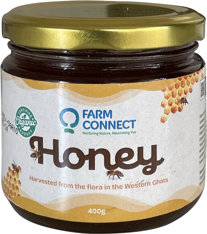 A 400 g jar of dark FarmConnect honey with a gold lid